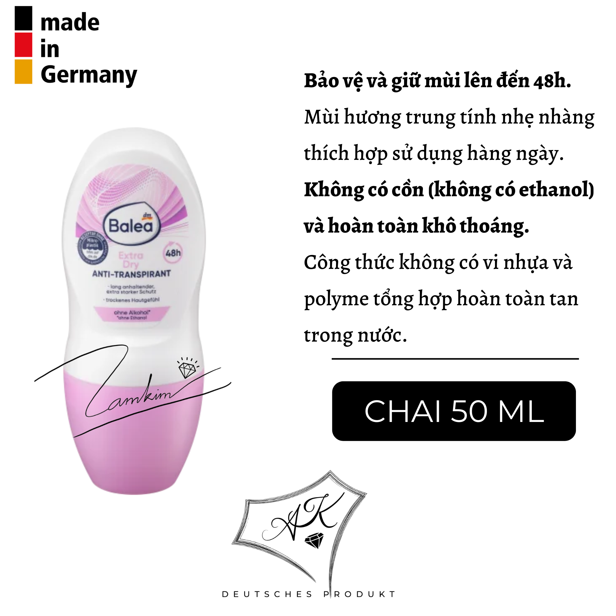 Lăn khử mùi Balea nội địa Đức, ngăn mùi hiệu quả, khô thoáng