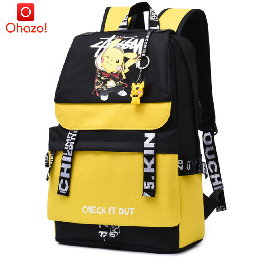 Balo đi học hình Pikachu có dạ quang phát sáng trong đêm, có Lỗ Tai Nghe, cáp sạc USB, Tặng kèm móc khóa Pikachu - Ohazo! BL132
