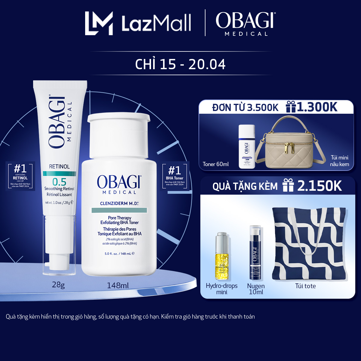 [Phiên bản mới] Bộ đôi dưỡng da Toner BHA làm sạch mụn và tẩy tế bào chết Obagi Medical Clenziderm M.D 148ml và Kem Chống Lão Hóa  Tái Tạo Da Obagi 360 Retinol 0.5 28g
