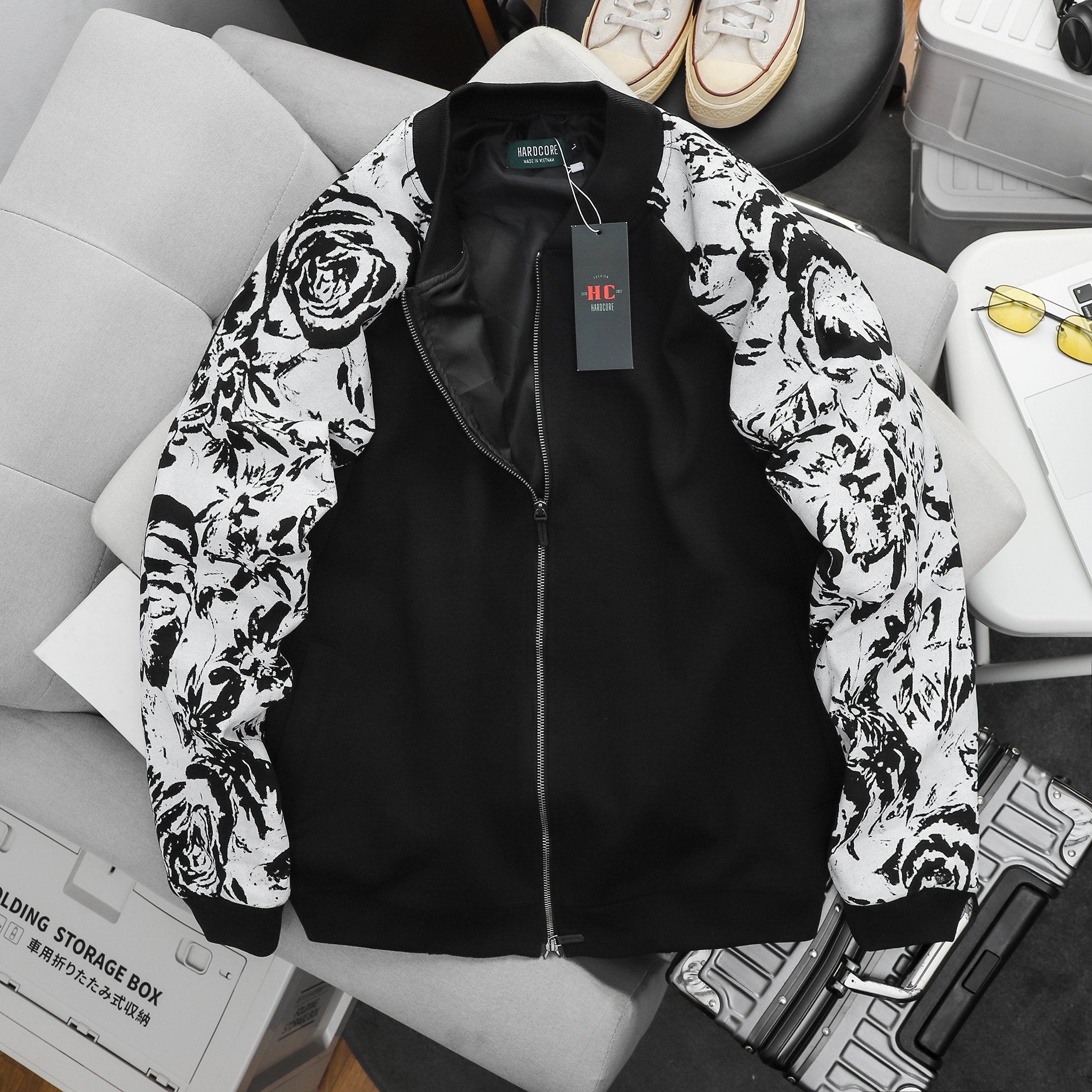 Big size - Áo bomber varsity thời trang kết hợp in lụa hoa hồng có lót dù dày dặn >130kg