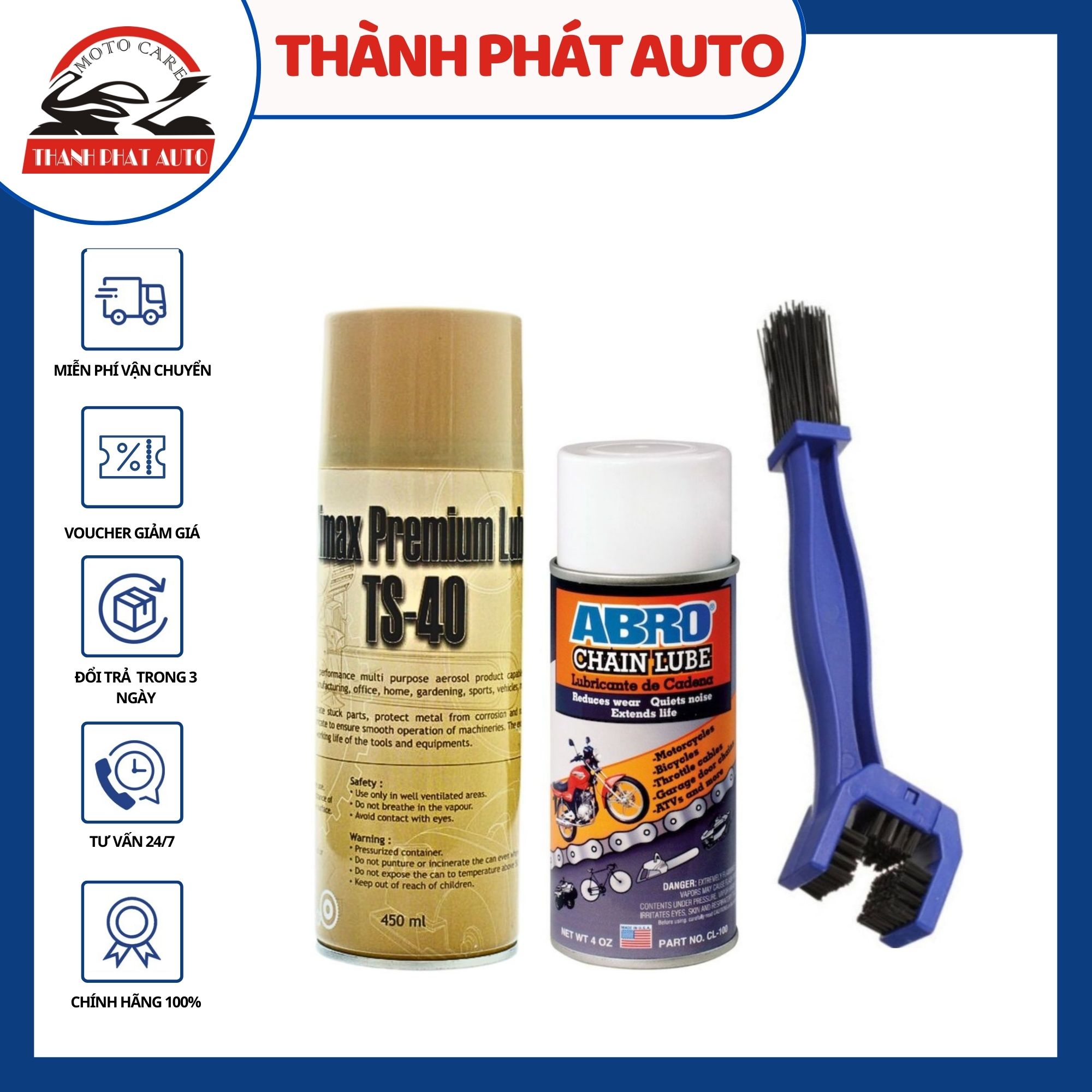 Bộ sản phẩm vệ sinh sên ts-40 450ml + abro chain lube bôi trơn bảo dưỡng sên 191ml + tặng kèm bàn chải vệ sinh sên 3d