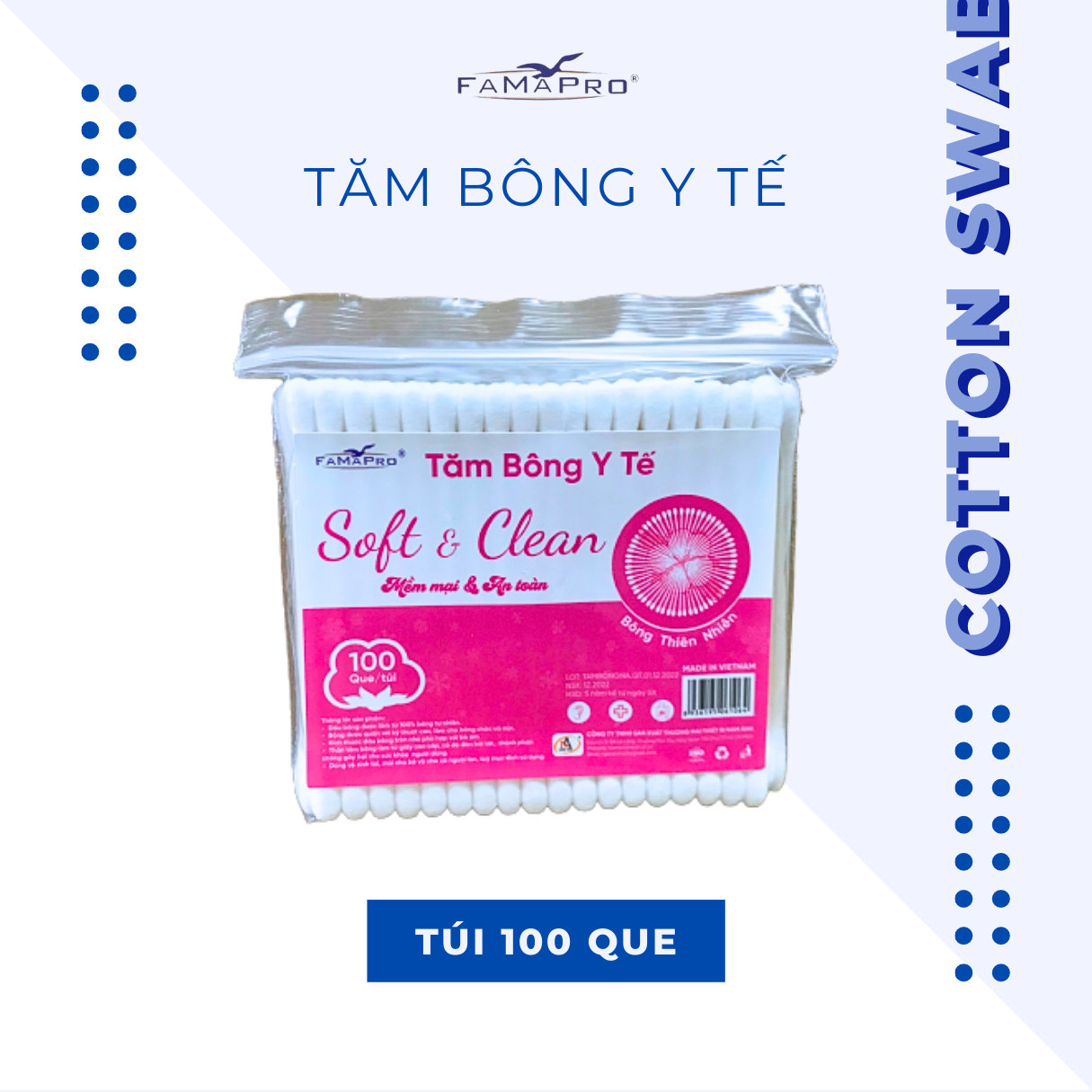 Tăm bông y tế cao cấp Famapro dạng túi 100 que, 150 que
