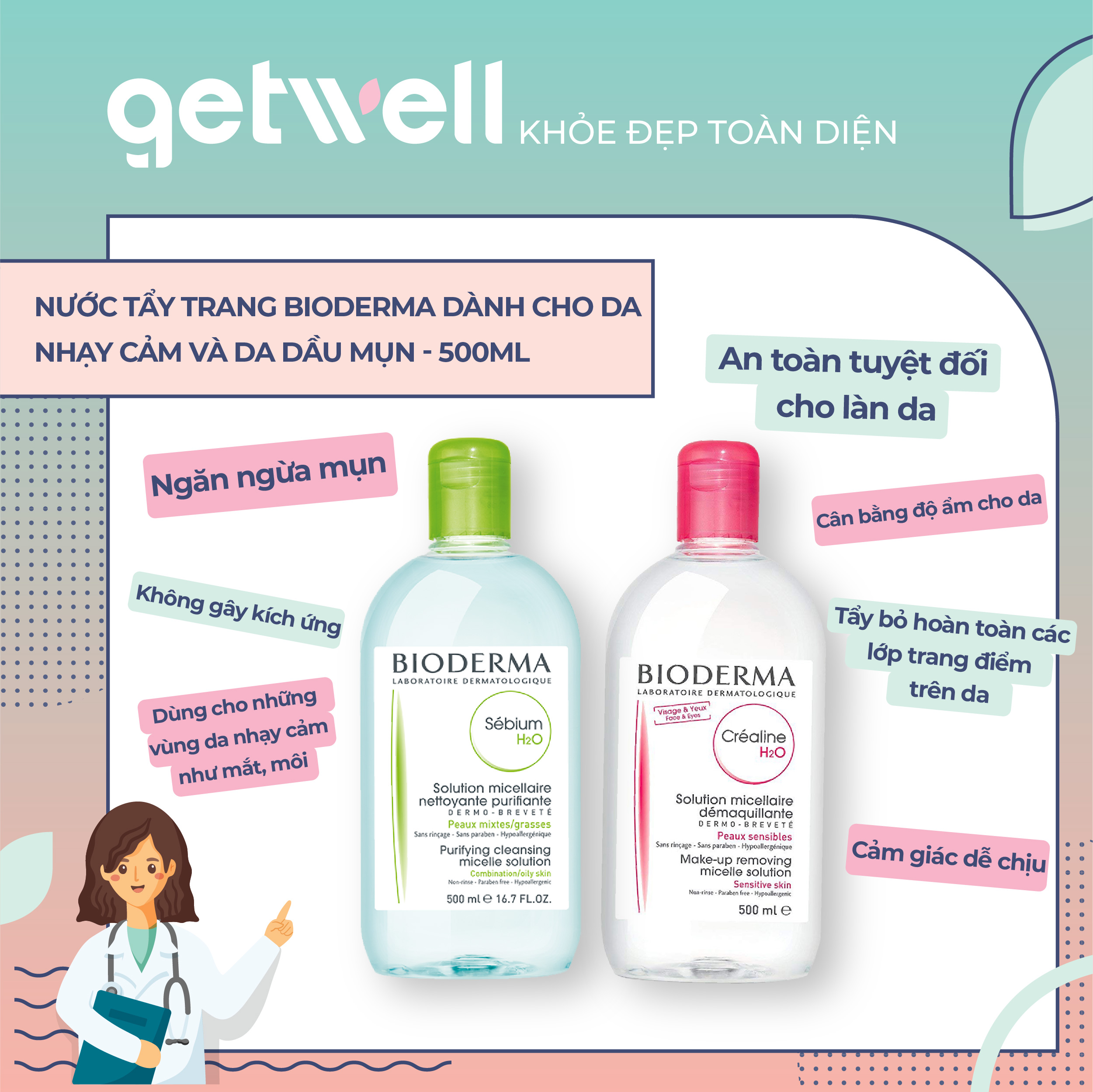 [HCM] [100% CHÍNH HÃNG] 500ML DUNG DỊCH LÀM SẠCH VÀ TẨY TRANG CÔNG NGHỆ MICELLAR BIODERMA CRÉALINE SESIBIO H2O SEBIUM H2O DÀNH CHO DA NHẠY CẢM VÀ DA DẦU MỤN