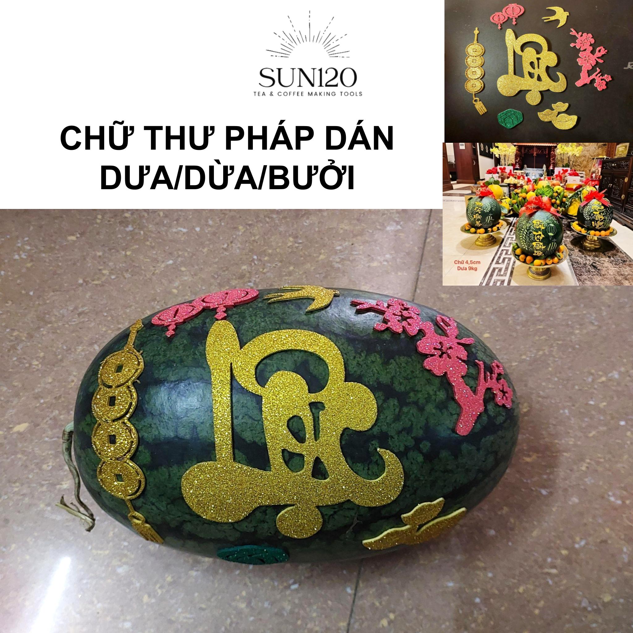 Chữ thư pháp dán dưa dừa bưởi trang trí ngày Tết chữ xốp nhũ kim tuyến