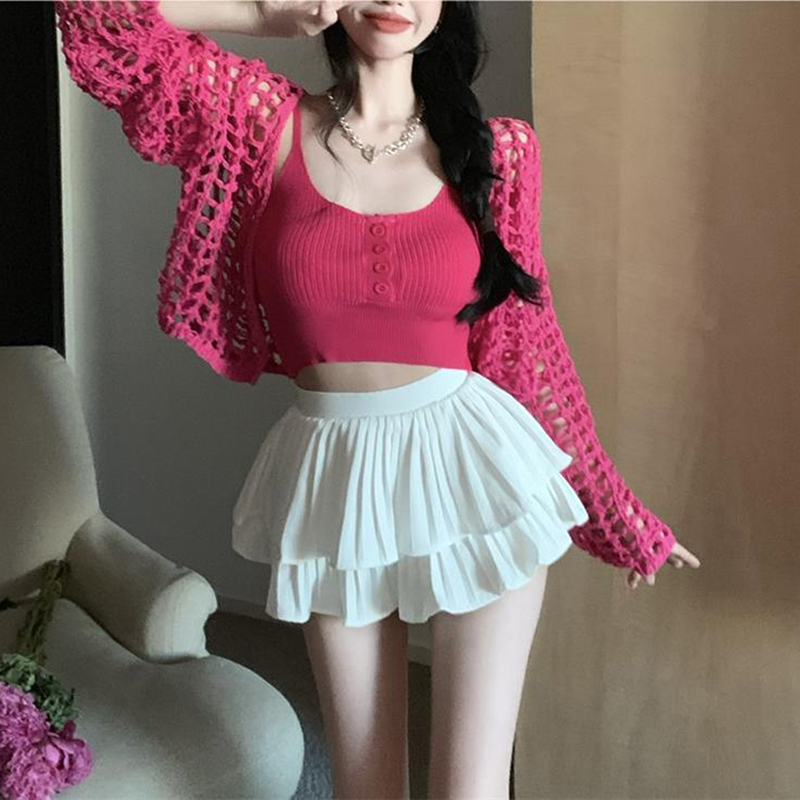 Null Y2K Áo dệt kim mùa hè Áo Khoác Cardigan dáng rộng lưới cut-out áo màu Trơn Áo ba lỗ ngắn