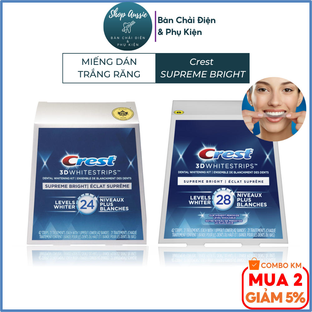 Miếng dán trắng răng crest 3dwhitestrips supreme bright level whiter 24/28 - làm trắng răng vượt trội với liệu trình 21 lần dán