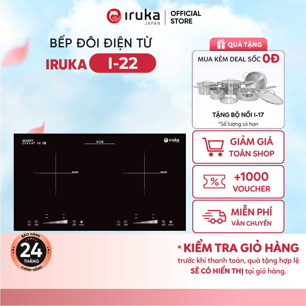 Bếp điện từ đôi iruka i22 made in thailand, mặt kính schott ceran của đức với khóa an toàn, công suất 4400w, bảo hành chính hãng 30 tháng