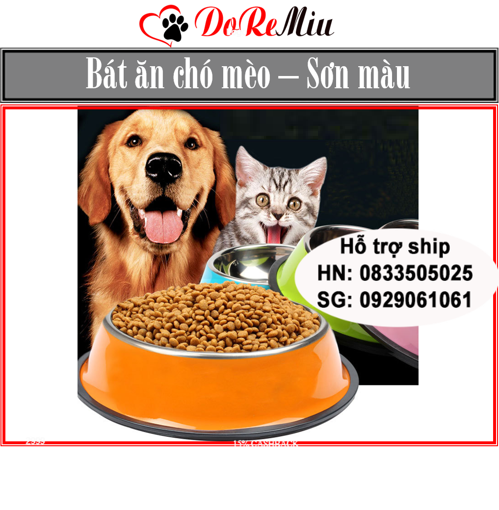 Doremiu- Bát ăn chó mèo bằng inox SƠN MÀU NGẪU NHIÊN (bảo hành 12 tháng gỉ sét hoàn tiền 100%) có đế cao su