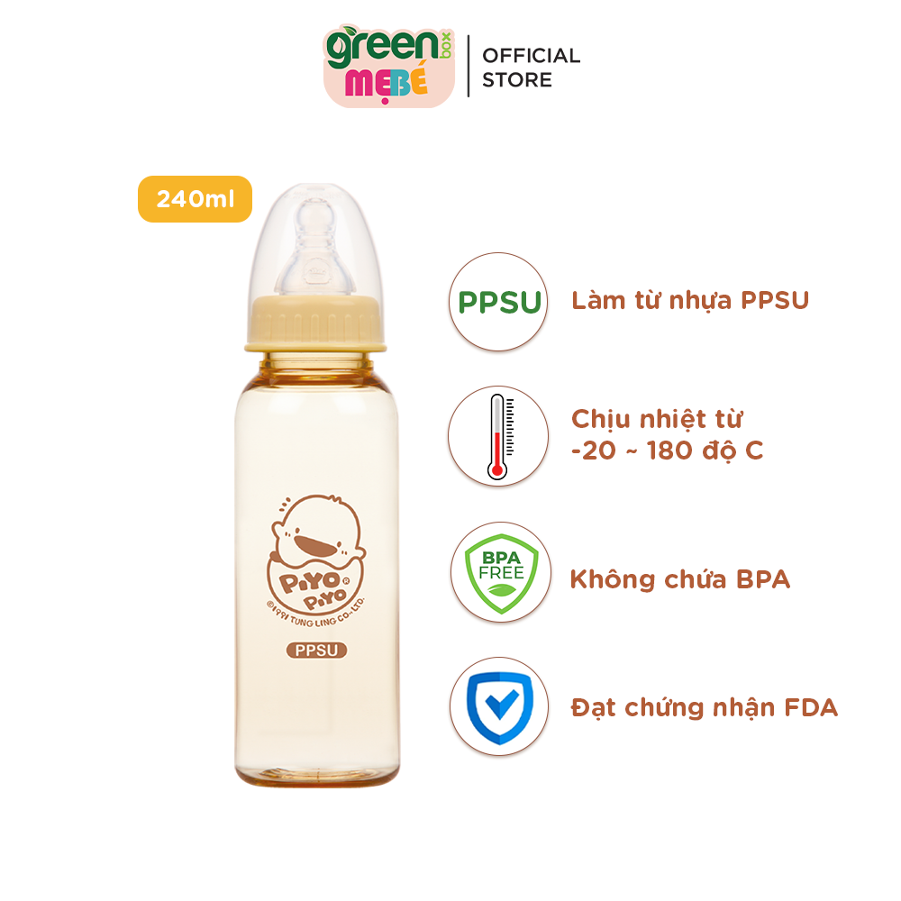 Bình sữa cổ tiêu chuẩn Piyo Piyo 240ml nhựa PPSU chịu nhiệt tới 180 độ