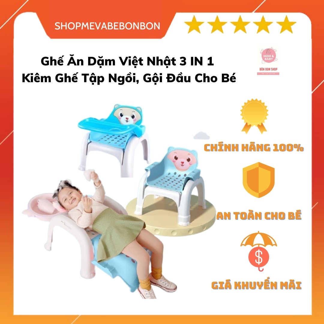 Ghế Ăn Dặm Việt Nhật 3 IN 1 Kiêm Ghế Tập Ngồi, Gội Đầu Cho Bé Màu Xanh, Hồng