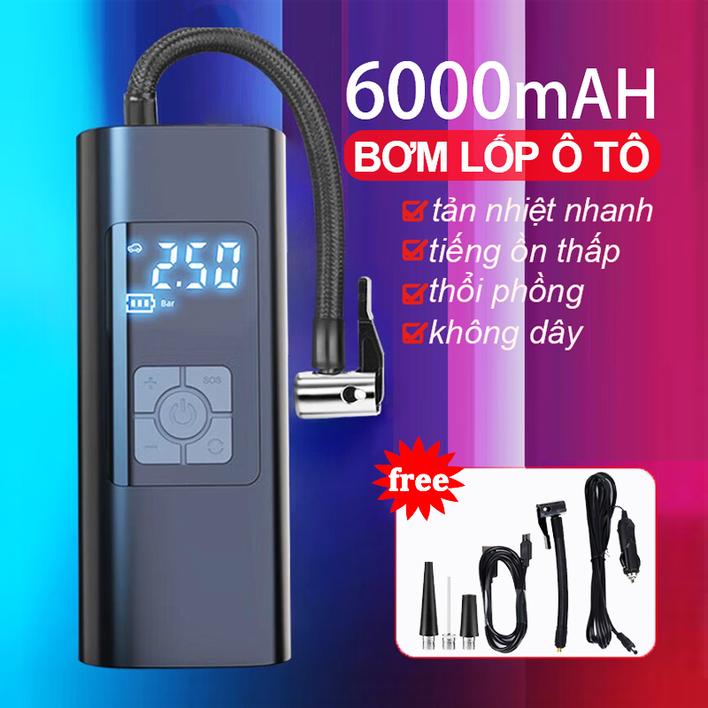 Bơm Lốp ô Tô Máy nén khí kỹ thuật số Máy đo áp suất lốp 6000mAh Máy thổi lốp tự động cầm tay cho ô tô xe đạp xe máycó đèn khẩn cấp