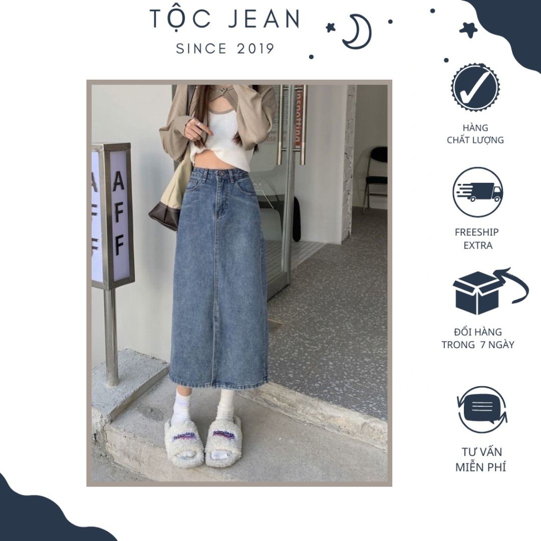 Chân váy jean xẻ tà trước hack dáng