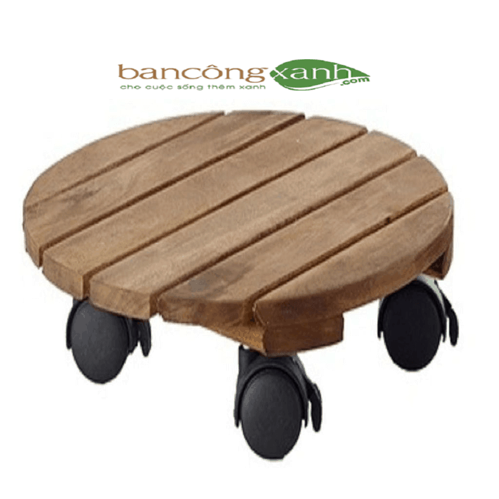 Đế gỗ đặt chậu cây hình tròn có bánh xe di chuyển - ban công xanh