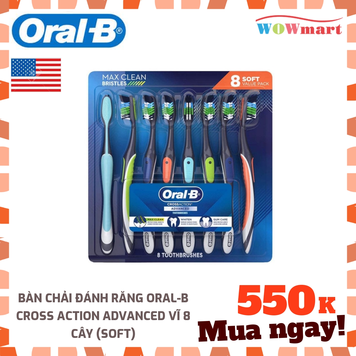 Bàn chải đánh răng Oral-B Cross Action Advanced Vĩ 8 cây - MỸ
