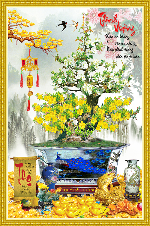 Tranh Tết dán tường VTC Chậu mai trắng vàng Thịnh Vượng caymaitrangvang140210cmkhung Kim sa