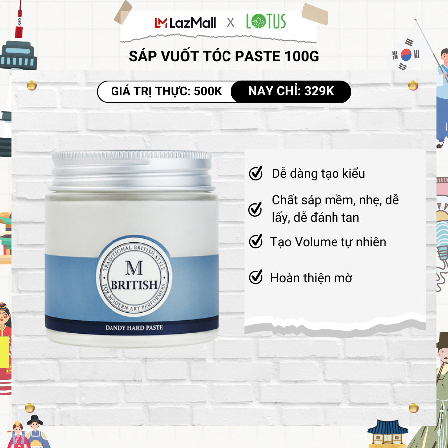 Sáp vuốt tóc tạo kiểu linh hoạt cứng vừa phải không bóng dành cho nam nữ hàn quốc BRITISH M Dandy Hard Paste 100g