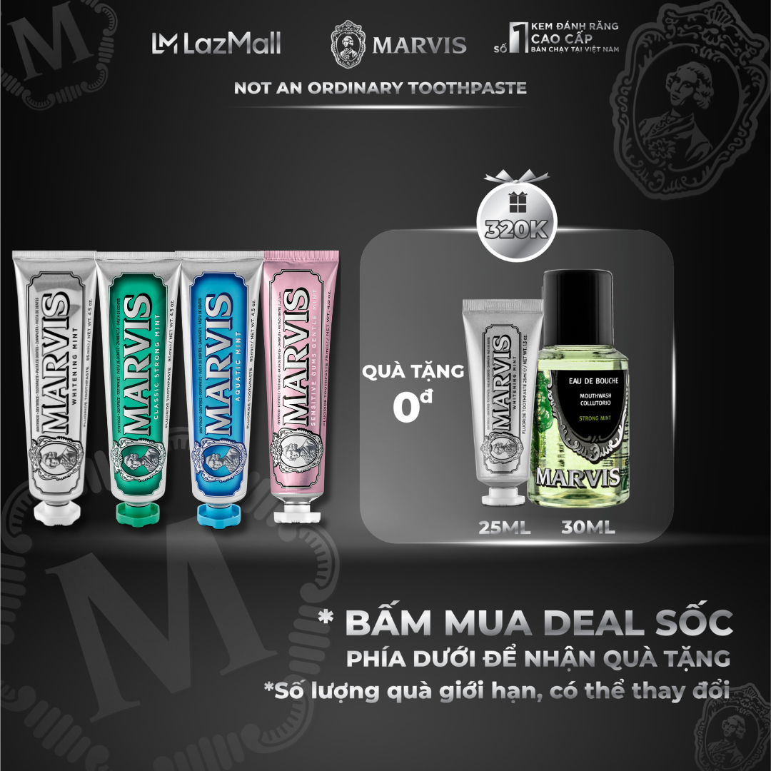 Combo 4 Tuýp Kem Đánh Răng Marvis Whitening Mint, Aquatic Mint, Classic Strong Mint & Sensitive Gums Fullsize