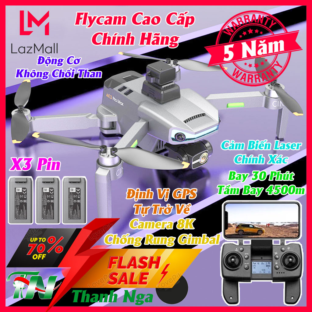 Máy bay flycam camera 8k AE3 Pro Max Drone dual camera gimbal chống rung 3 trục G.P.S tự quay về sóng wifi 5G không chổi than Tặng Balo