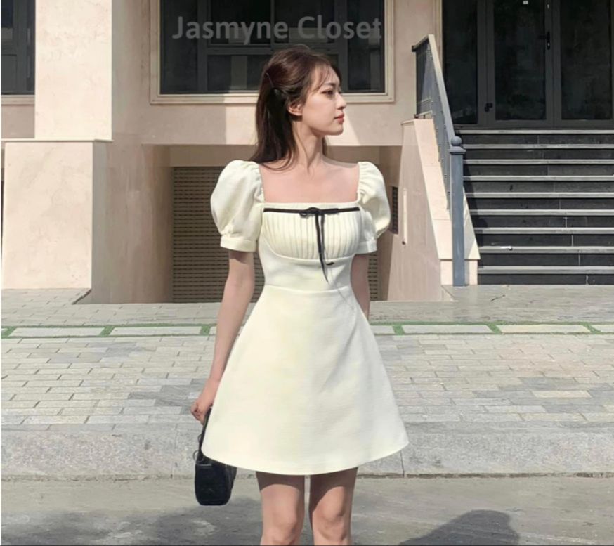 Váy cổ vuông tay bồng tiểu thư, đầm ngắn cho nữ