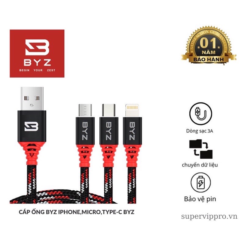 Cáp sạc ống nghiệm byz 690i cho ip,micro,type-c dài 1m
