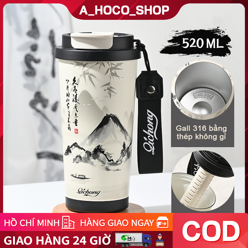 Ly giữ nhiệt coffee cup inox 316 lót sứ cao cấp 520ml cốc giữ nhiệt lọc trà ống hút