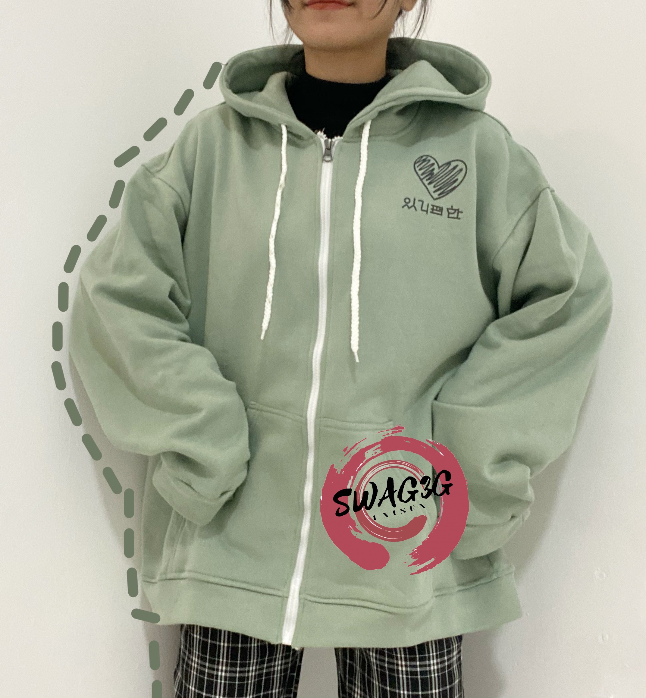 Áo Khoác Hoodie Nữ Trái Tim Phản Quang màu Xanh Đậu Kéo Khóa Mũ to 2 lớp form rộng Basic