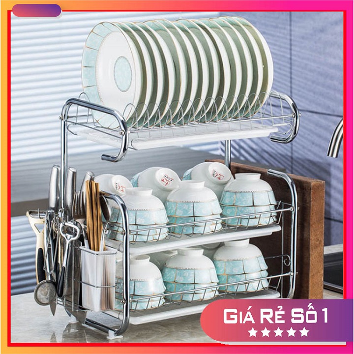Kệ úp bát đĩa 3 tầng inox kích thước 42x25x44cm, tặng kèm ống để dao đũa - Giá úp chén bát gia đình 3 tầng kèm khay hứng nước tiện lợi chân để chống trợn trượt