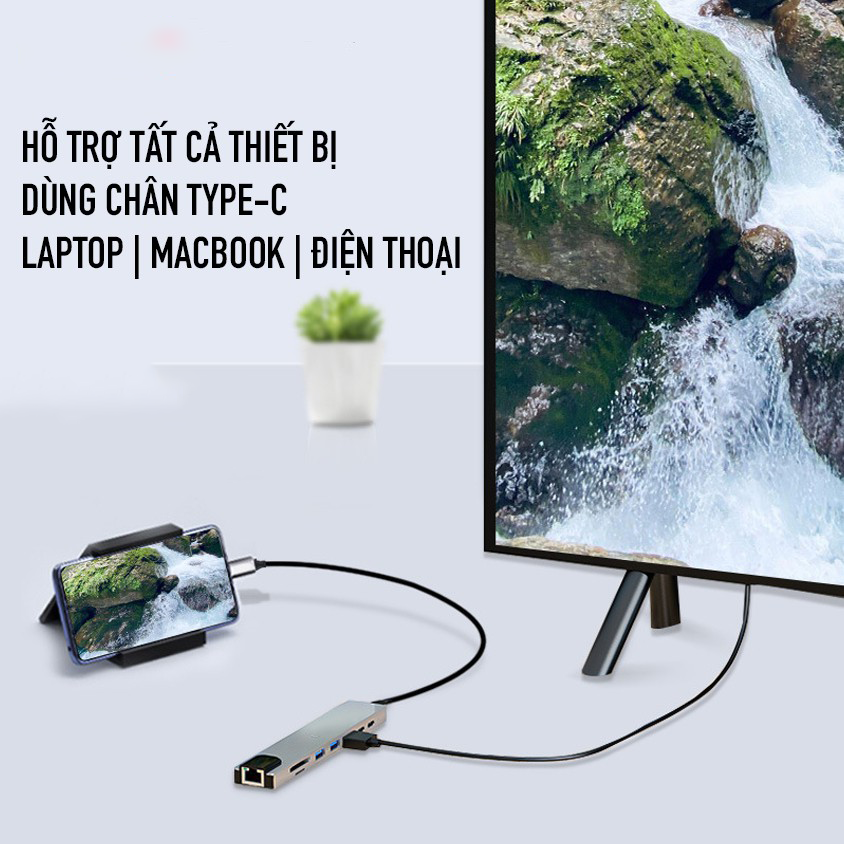 Hub type c 8in1 - cổng chuyển đổi hdmi, usb 3.0, sd, tf, rj45, pd type-c cho laptop macbook