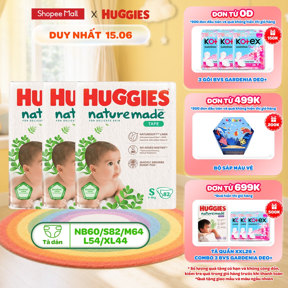 Combo 3 Tã/Bỉm dán Huggies NatureMade M64/L54/XL44