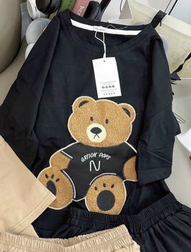 Đồ bộ nữ form rộng nữ chất thun co dãn GẤU TEDDY NGỒI, Sét áo thun quần đùi form rộng chất thun co dãn 4 chiều
