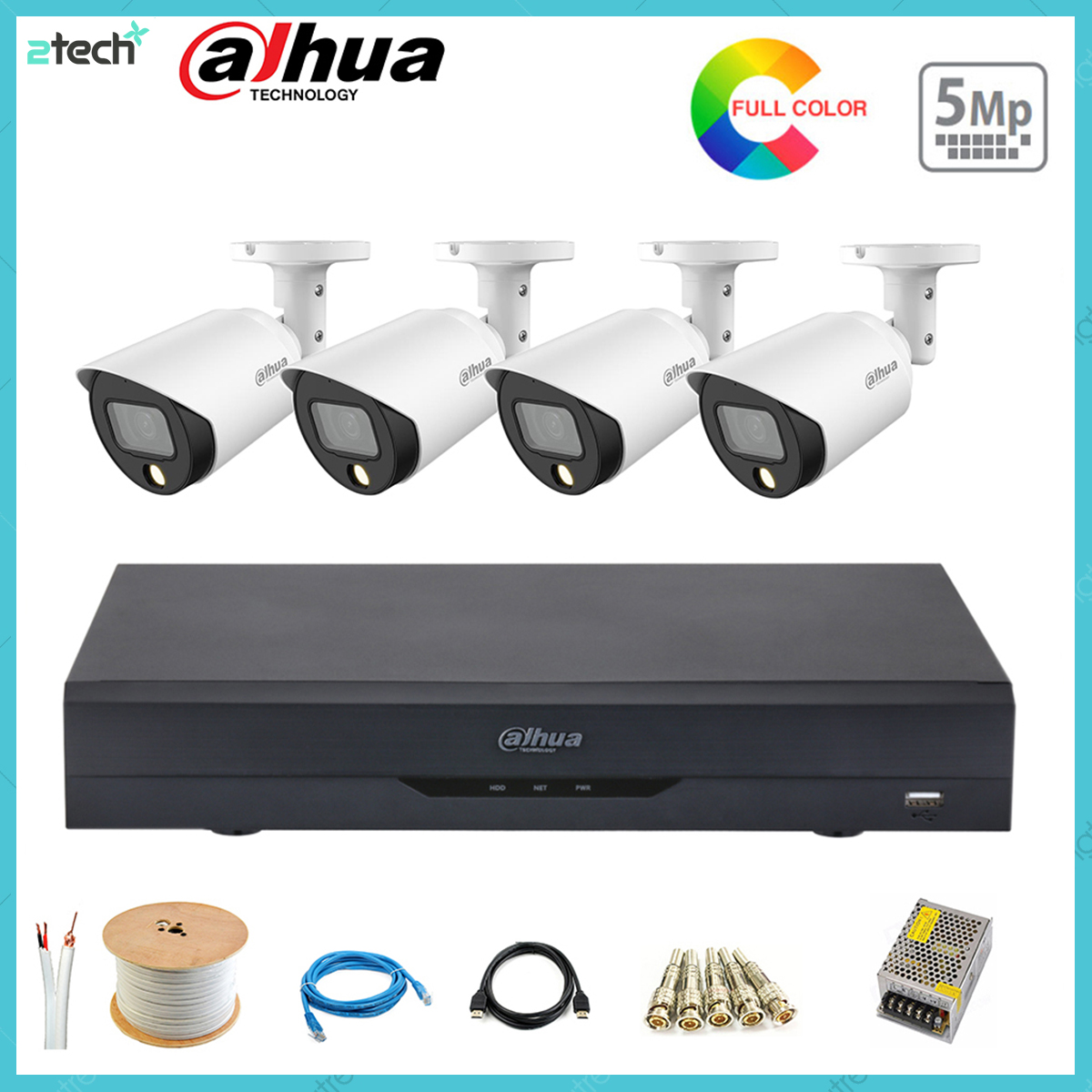 Bộ camera giám sát 4 kênh dahua 5.0mp có màu ban đêm đầy đủ phụ kiện lắp đặt