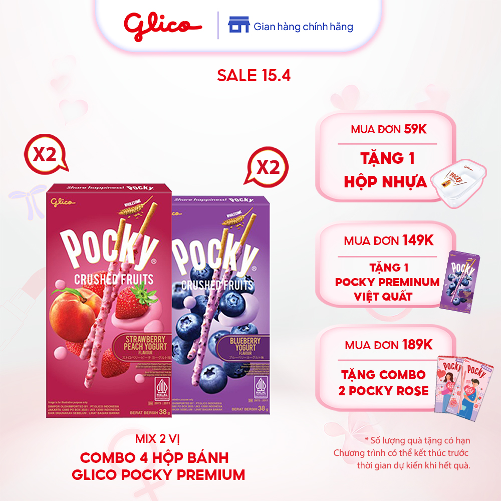 Combo 4 hộp bánh que Pocky Premium Trái Cây Nghiền Vị Sữa Chua ( 2 Việt Quất + 2 Dâu Đào )