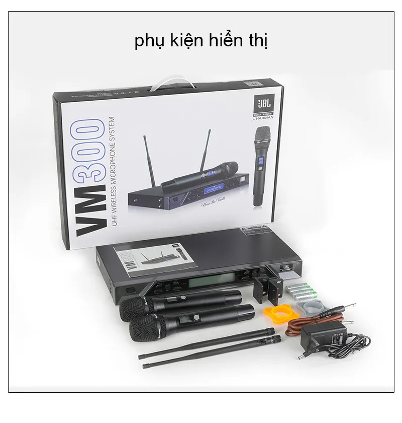 Micro Không Dây Cao Cấp Jbl Vm 300 Vỉ To, Cảm Biến Tự Ngắt, Sóng Xa, Tiếng Sáng, Dày Và Trầm Ấm, Hút Âm, Chống Hú, Màn Hình Lcd, Karaoke Gia Đình, Đầy Đủ Phụ Kiện