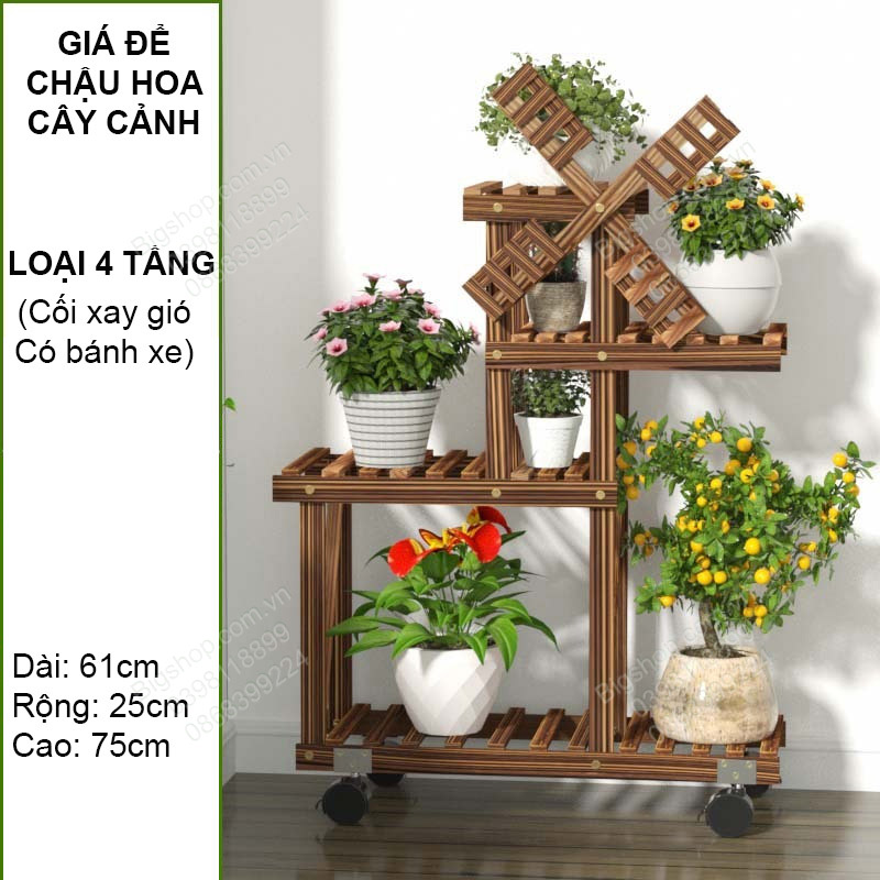 Giá để chậu hoa cây cảnh đa năng, làm bằng gỗ thông, có bánh xe