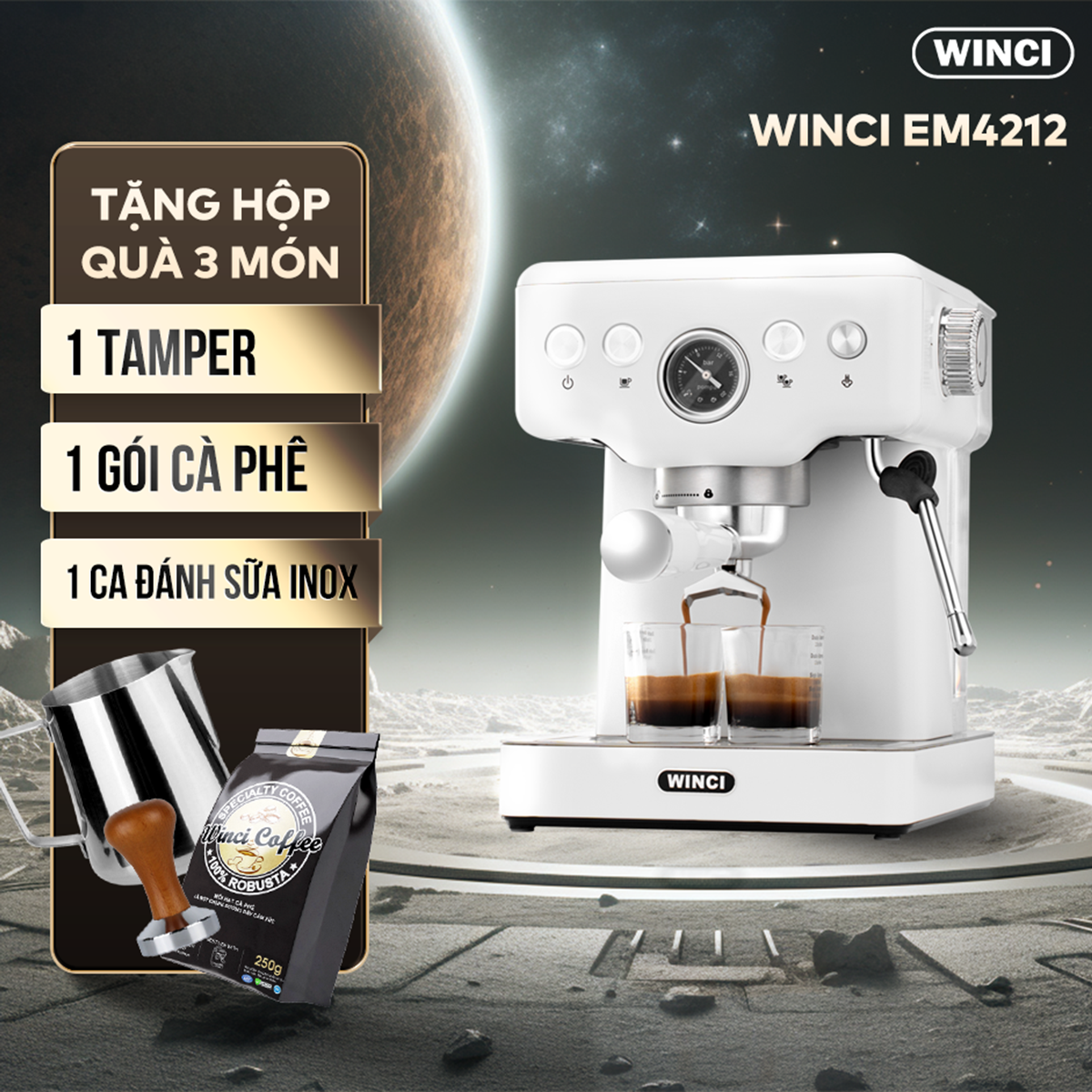 Máy pha cà phê espresso, latte, capuchino winci em4212, áp suất cao 20 bar ulka italia, bảo hành 2 năm.
