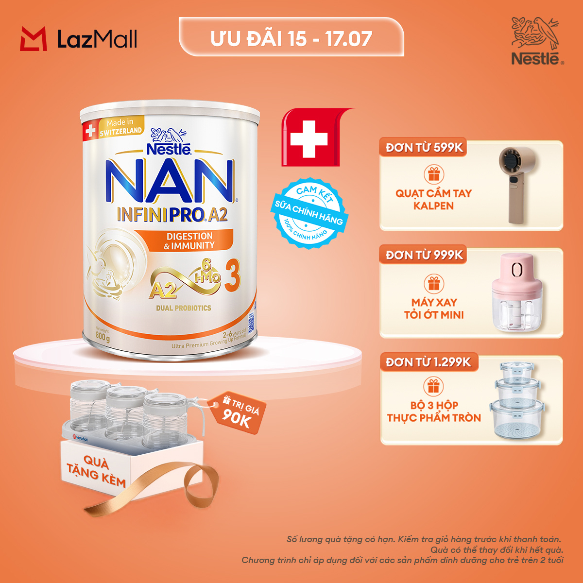 [CHỈ 15-17.07 QT ĐƠN 599K/999K/1299K][Tặng Set 3 hũ gia vị INOCHI] Sữa bột Nestlé NAN INFINIPRO A2 3 800g nhập khẩu Thụy Sĩ  với công thức đầu tiên chứa đạm A2, 6HMO  Lợi khuẩn kép