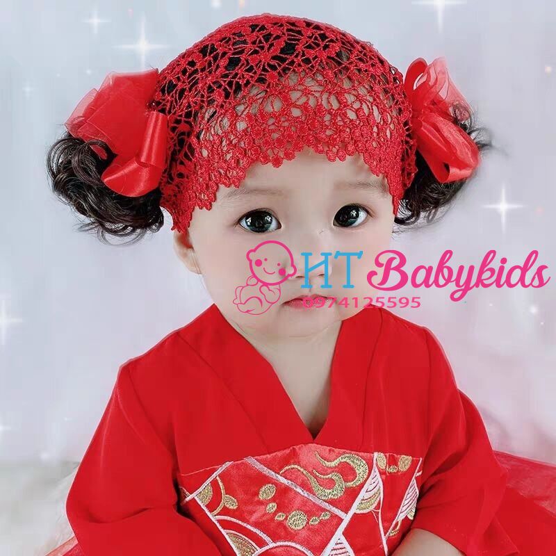 Băng đô tóc giả nơ đỏ cho bé diện tết