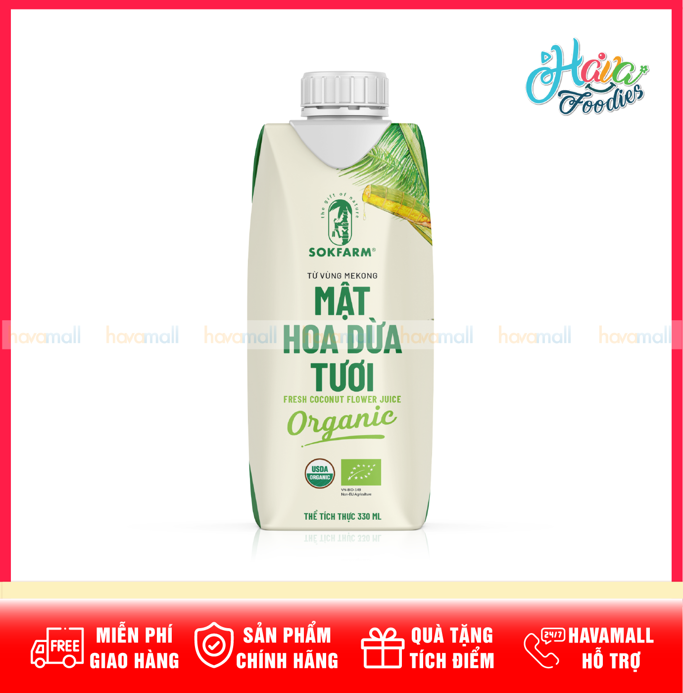 Mật Hoa Dừa Tươi Hữu Cơ Sokfarm Hộp 330ml – Sokfarm Fresh Coconut Flower Juice Organic 330ml