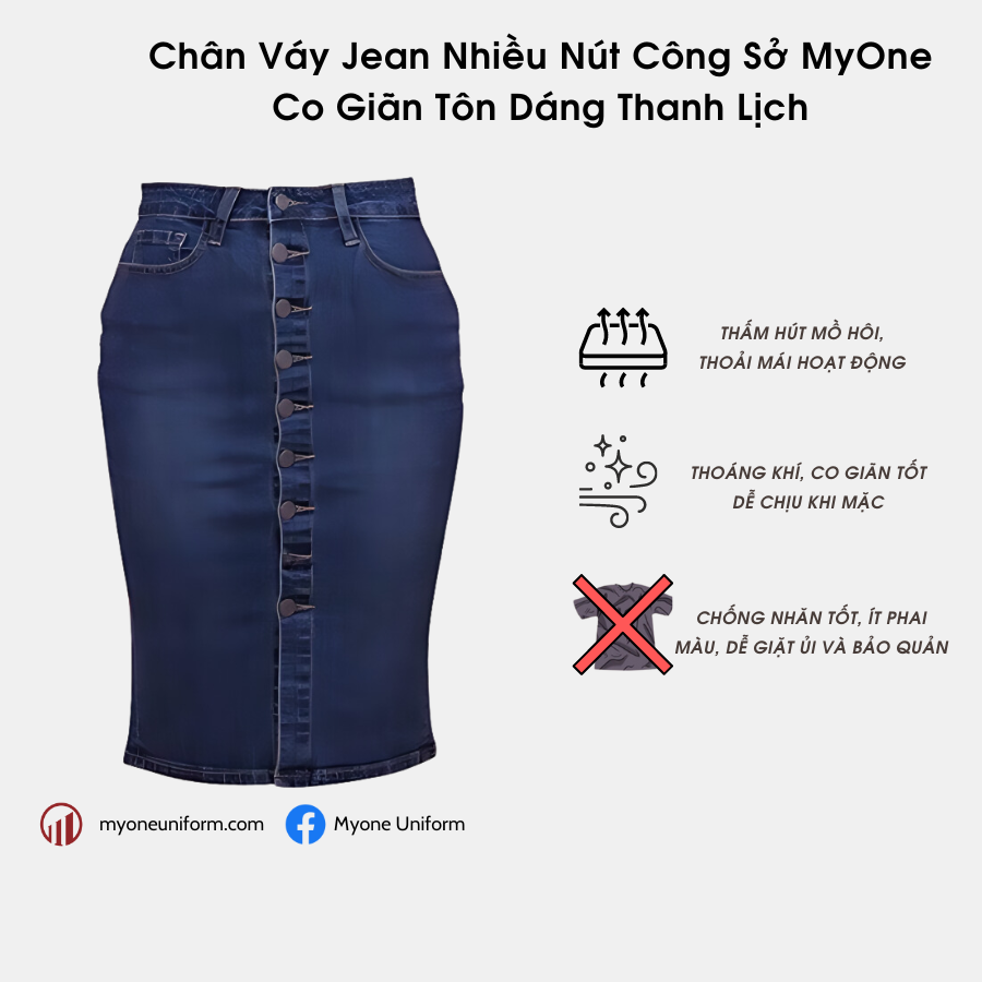 Chân váy jean nhiều nút công sở myone co giãn tôn dáng thanh lịch ms120084