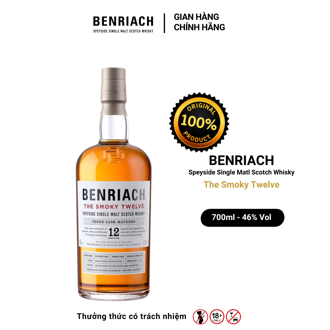Rượu whisky Benriach Speyside Single Malt THE SMOKY TWELVE Nồng Độ Alc 46% 700ml [Có kèm hộp]
