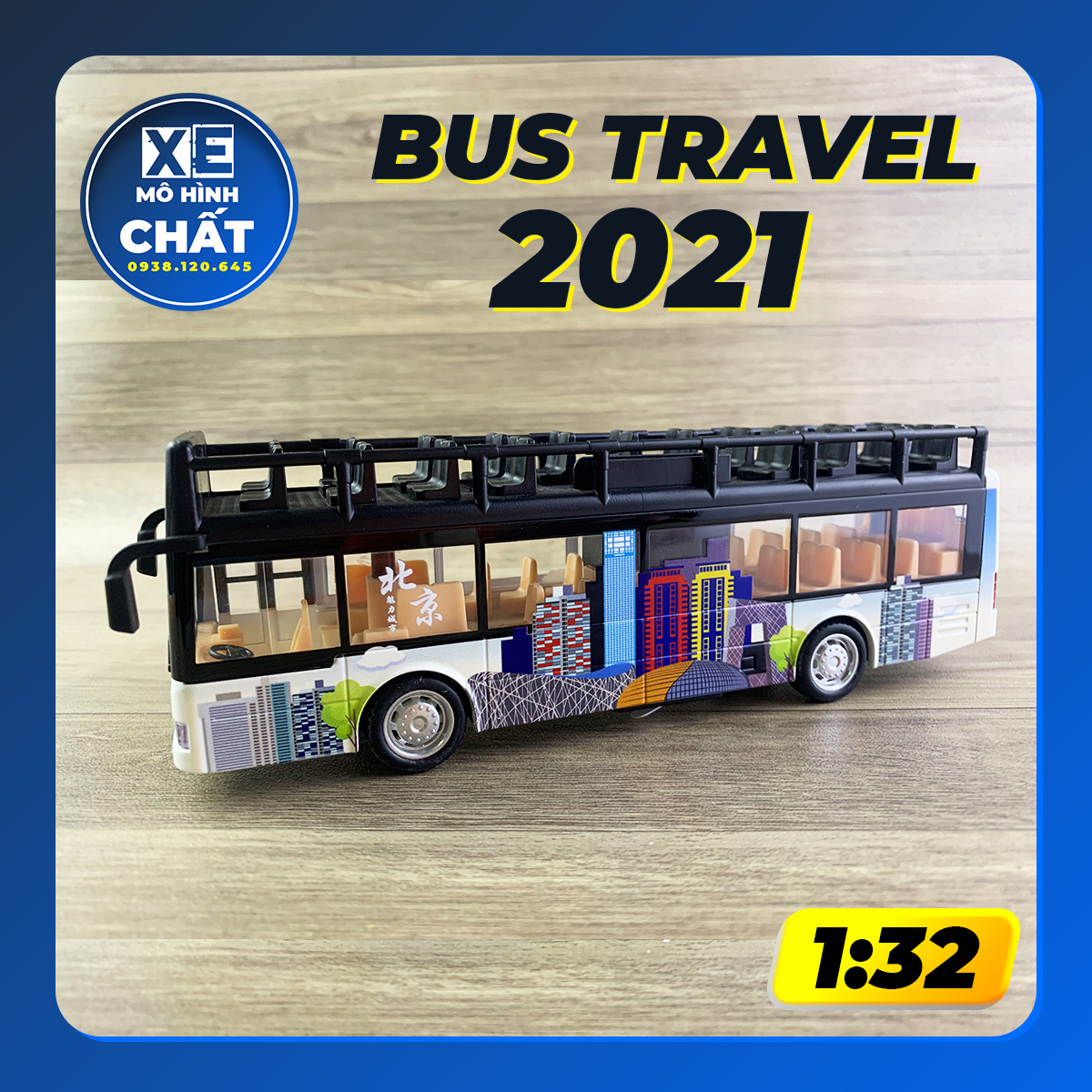 Xe bus trắng 2 tầng du lịch thành phố mô hình đồ chơi trẻ em bằng kim loại có đèn và nhạc