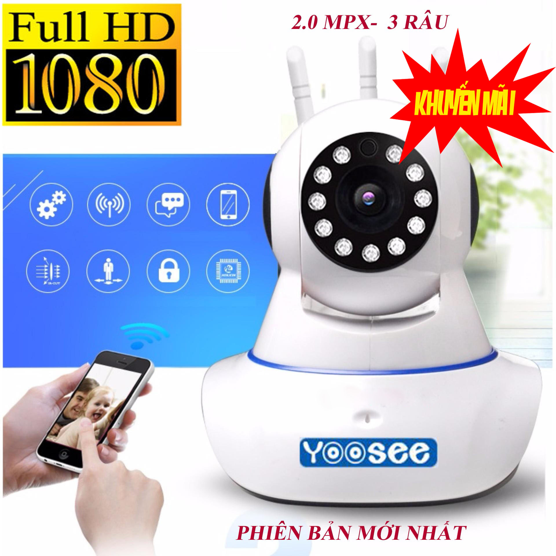   HCM Camera IP Wifi Yoosee 3 Râu độ phân giải FULL HD 2.0MP Camera hồng ngoại tích hợp ghi âmlưu trữ dữ liệu 