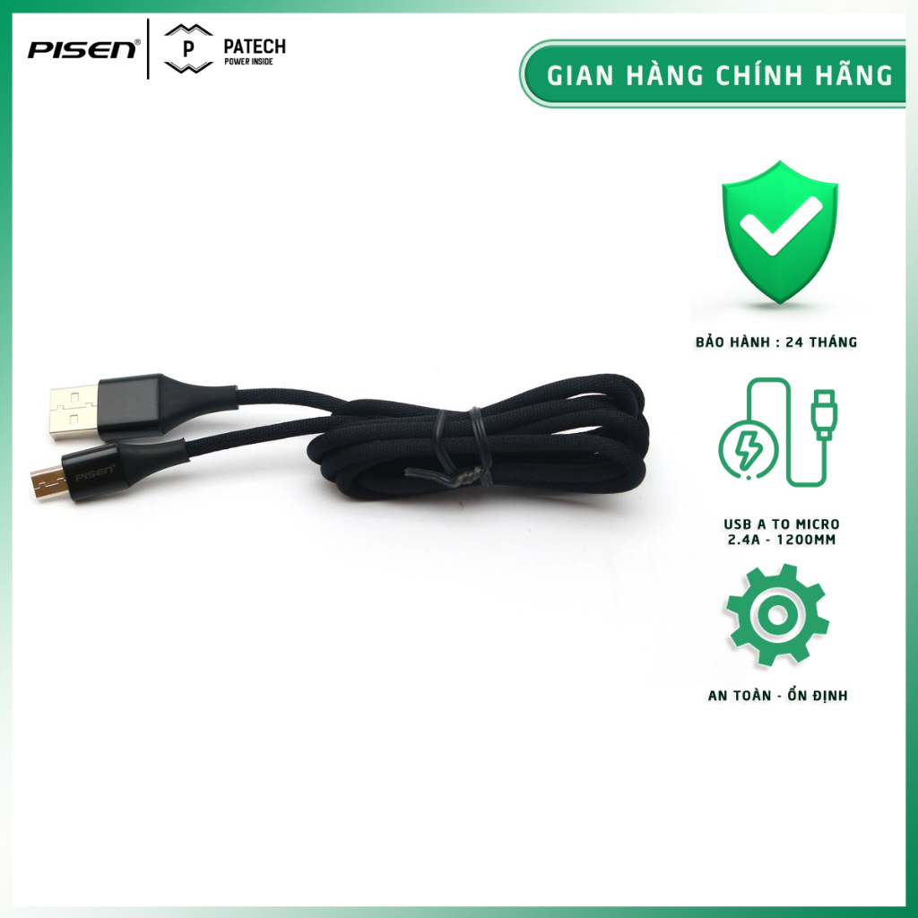 Cáp PISEN Micro USB 2.4A braided 1200m (Anti-break), model: MU18-1200, bảo hành 24 tháng - Hàng chính hãng