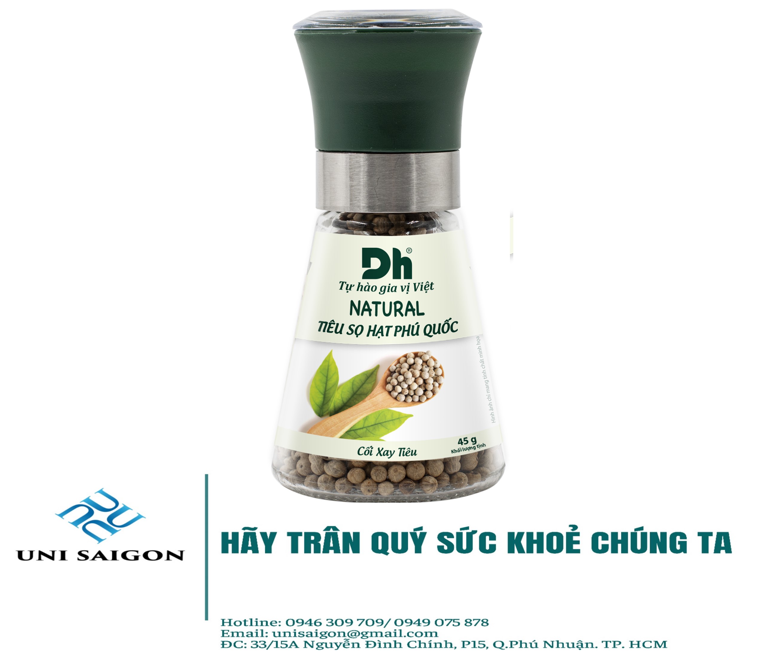 Natural Tiêu Sọ Hạt Phú Quốc - Cối Xay Tiêu Ceramic (45G/Hũ) - Thương hiệu DH Foods