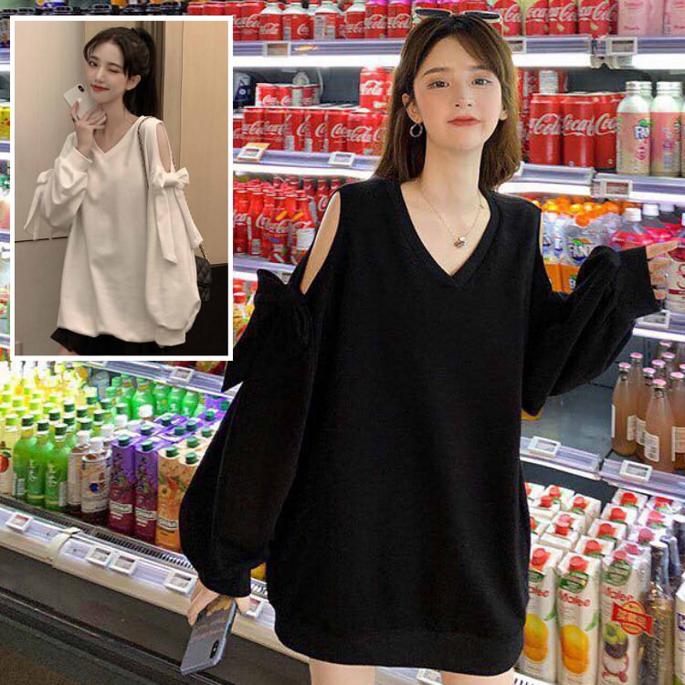 Áo nỉ sweater khoét vai - sua004 áo nỉ da cá nữ dài tay form rộng hai màu đen, trắng ulzzang anyashop234