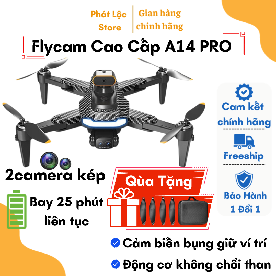 Máy Bay Điều Khiển Từ Xa, Flycam Mini A14 Pro, Ply cam Cảm Biến Tránh Vật Cản, pin 2500mA bay 25 phút