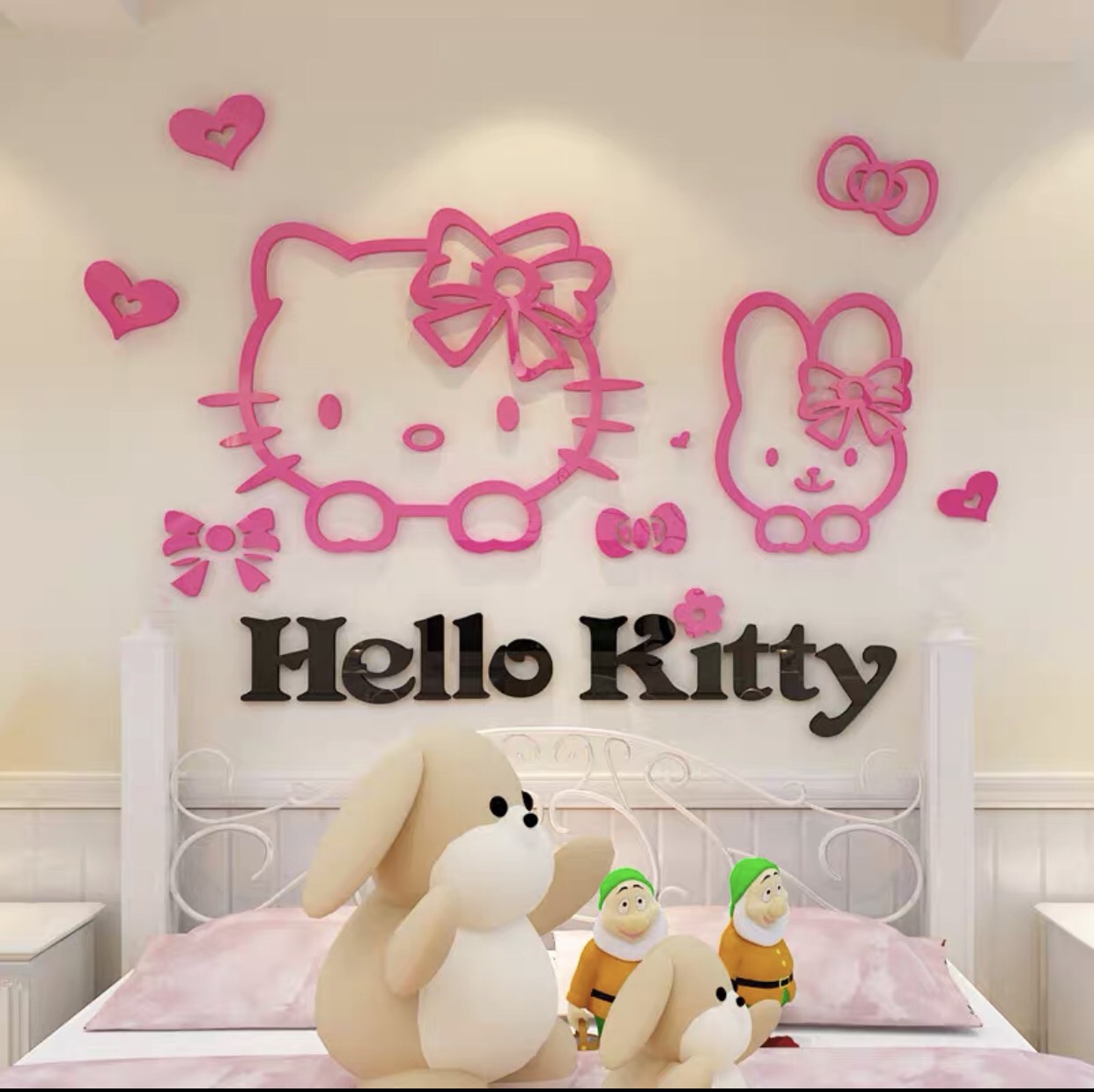Tranh dán tường Mon Mon - Decal dán tường 3d mica hello kitty và thỏ xinh xắn, tranh dán mica trang trí phòng ngủ dễ thương