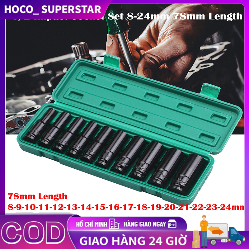 [HCM giao hàng 24h]Bộ 10 đầu khẩu, đầu túyt Cao Cấp dùng cho máy siết bulong 1/2 -8-24mm Bộ chặn T&G, chặn bi dài, chặn đen, bộ cờ lê điện 1/2" 4 hun số 8-10-12-13-14-16-17-19-21-24 kèm hộp