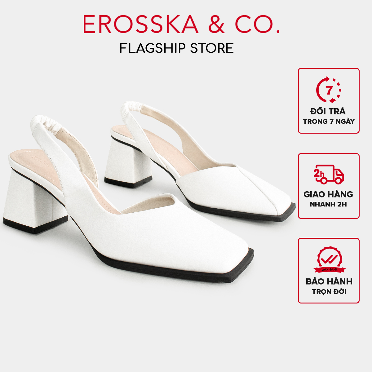Erosska - Giày cao gót nữ mũi vuông dây quai mảnh nhún sau màu trắng - EL027