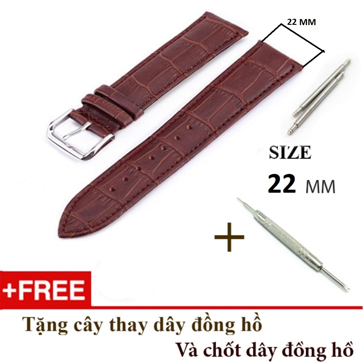 Dây đồng hồ da cao cấp SIZE 22MM, kèm chốt và cây thay dây NÂU- B802